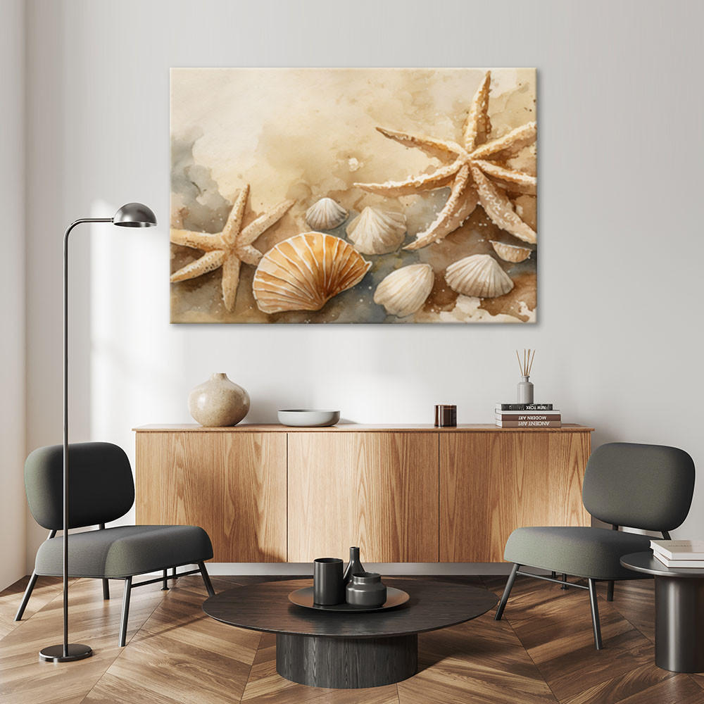 LEINWANDBILD Muscheln und Seesterne Acryl 90x60cm - Beige, Textil (90/60cm) - Feeby
