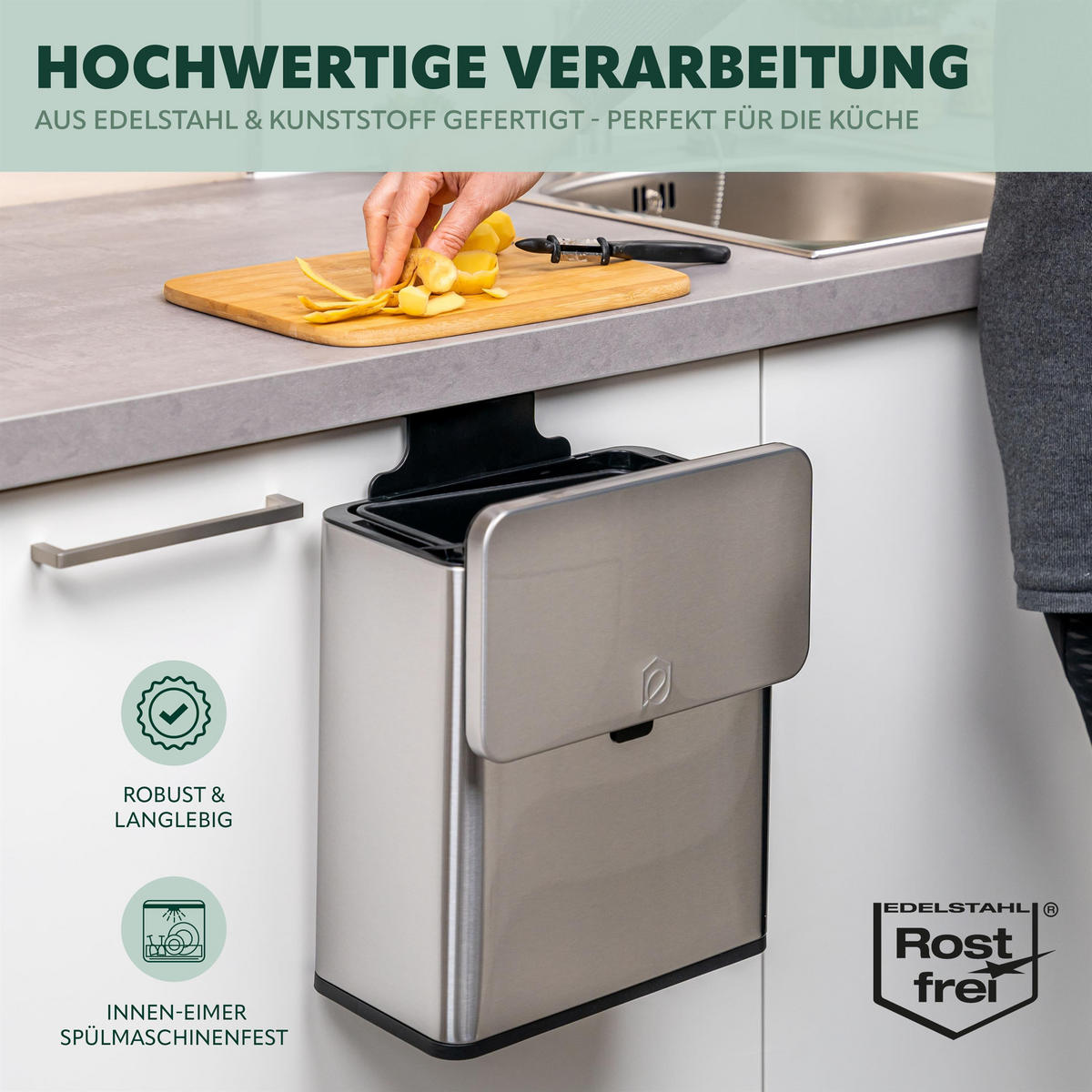 BIOMÜLLEIMER 6L, silber - Edelstahlfarben, Metall (26/29.5/14cm) - eluno