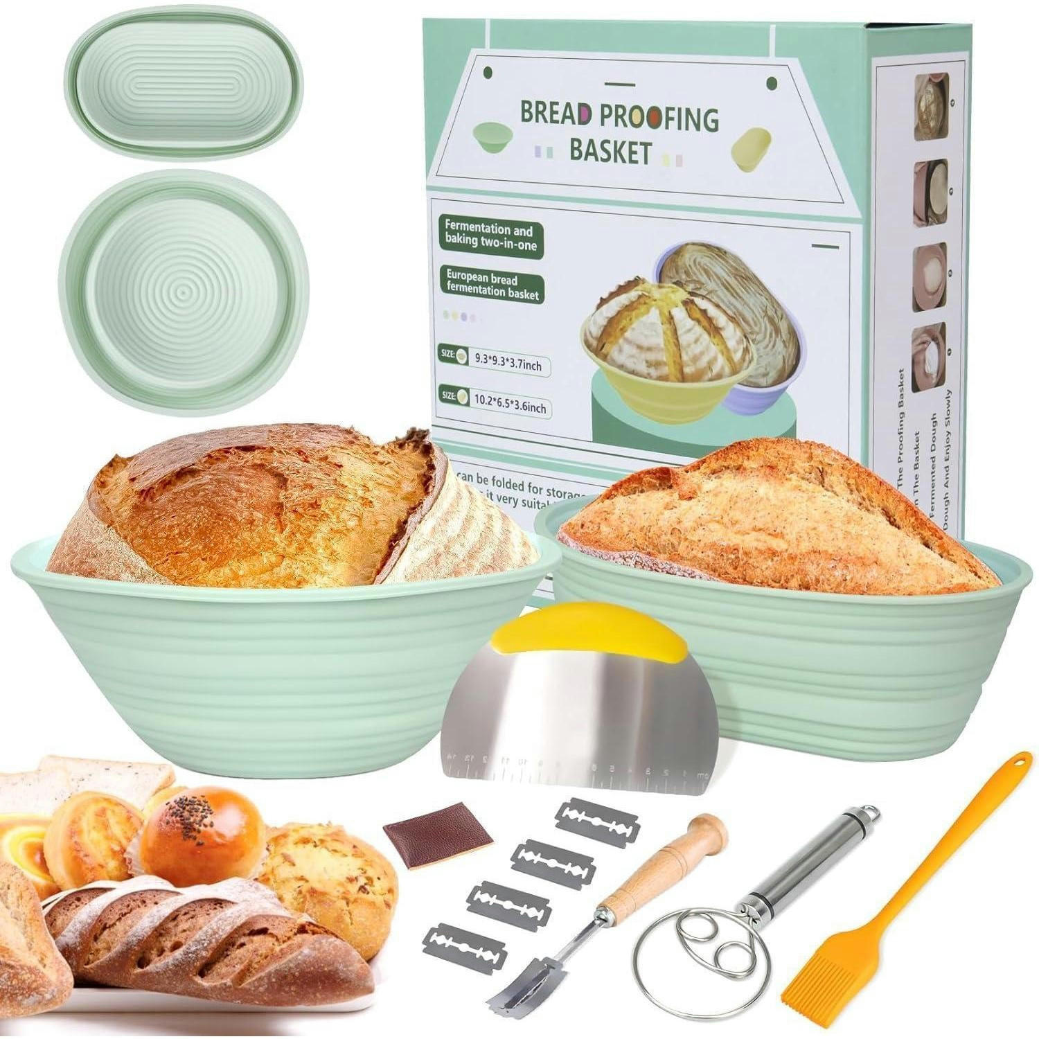 GÄRKÖRBCHEN Set Silikon 2-teilig rund oval faltbar mit Backwerkzeugen - Hellgrün, Kunststoff (25/5/25cm)