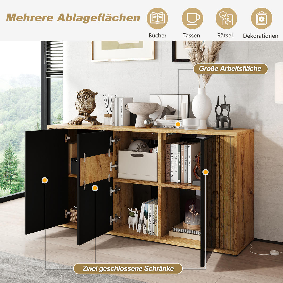 SIDEBOARD Schwarz Hochglanz & Holzton 3 Türen Wellenmuster - Naturfarben, Holzwerkstoff (140/71/35cm) - Urban Meuble