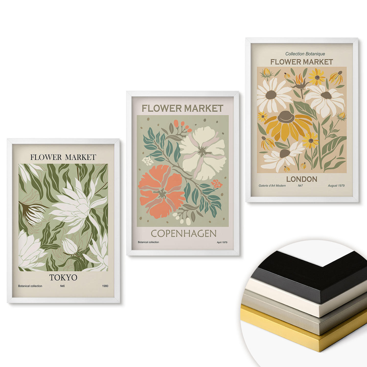 WANDBILDER 3er-Set - 40x60 cm Weißer Rahmen - Blumenmotive aus Städten auf der ganzen Welt - Weiß, Kunststoff (40/60cm) - ArtPrintCave