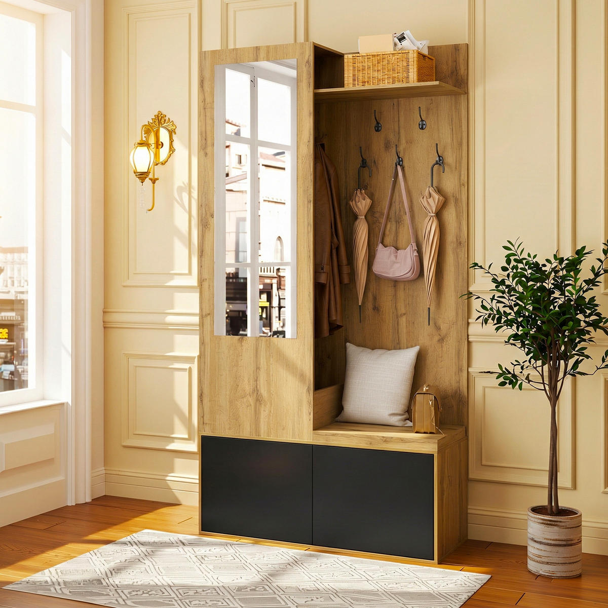 GARDEROBEN-SET 100 cm Schwarz & Natur – Kompaktgarderobe mit Spiegel, Schuhbank & versteckter Kleiderstange - Naturfarben, Holzwerkstoff (100/191/38cm) - Urban Meuble
