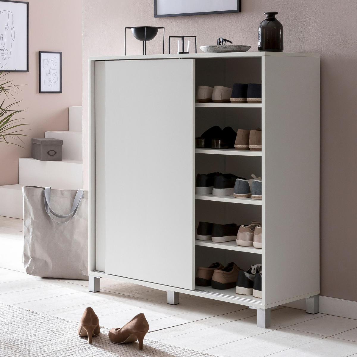 SCHUHSCHRANK Holz für 20 Paar Schuhe mit Schiebetüren, Weiß 100x38x108 cm - Silberfarben/Weiß, Holz/Kunststoff (100/108/38cm) - KADIMA DESIGN