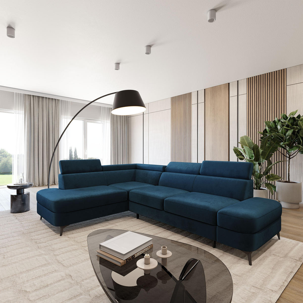 ECKSOFA AVISE M L-S Blau Velours-Stoff mit Schlaffunktion - Blau, Holzwerkstoff/Textil (268/195cm) - MASSENO