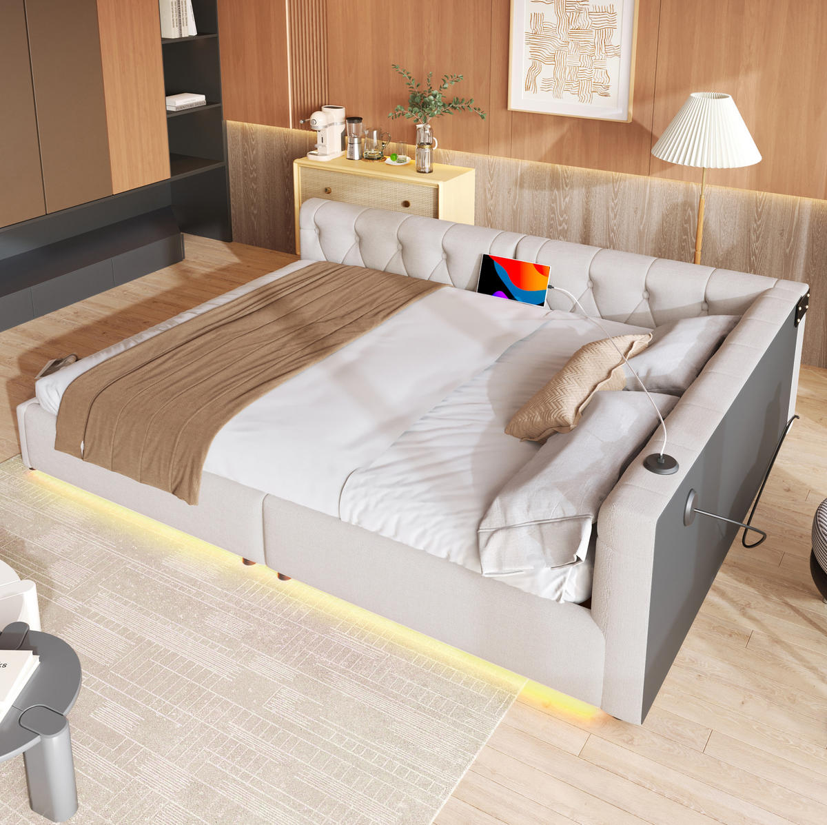 ČALÚNENÁ posteľ 140/200 cm z ľanu a MDF, béžová s LED osvetlením a USB - béžová, textil (140/200cm) - BEAOK