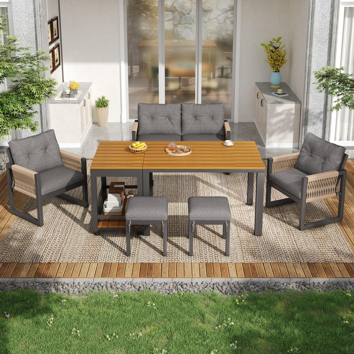 OUTDOOR SOFA SET Metall Armlehnen Kissen - Grau, Metall - LEBENLANG
