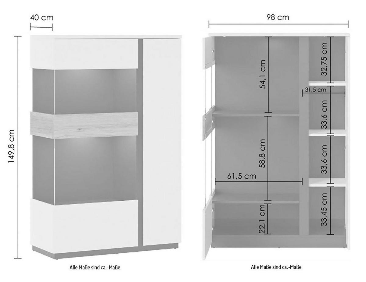 HIGHBOARD Novena weiß / schwarz / Catania Eiche 98 / 40 / 149cm - Multicolor/Schwarz, Holz/Holzwerkstoff (98/149/40cm) - Feldmann-Wohnen