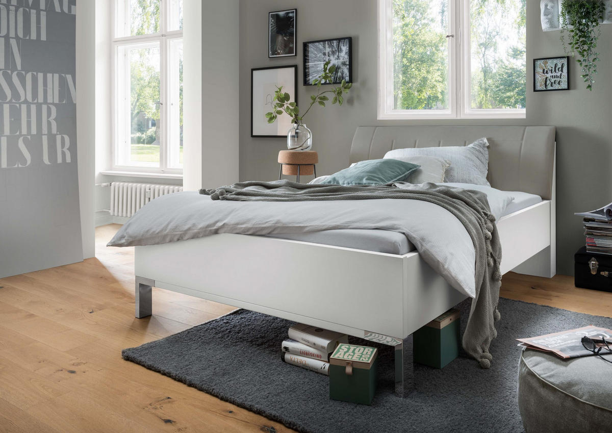 SCHLAFZIMMER Sentara in Weiß und Kieselgrau 4-teilig mit Kleiderschrank 250cm Breite inklusive Beleuchtung, Doppelbett 180x200cm, zwei Nachttische - Weiß, Holzwerkstoff (80/200/120cm)