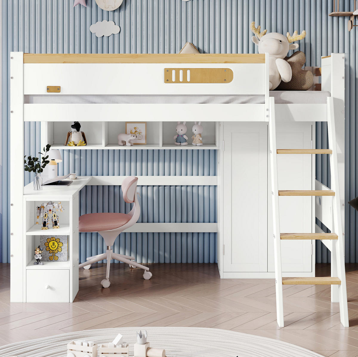 ETAGENBETT 90/200 cm, Weiß/Natur mit Tisch und Kleiderschrank - Weiß, Holz (90/200cm) - MIVRAY