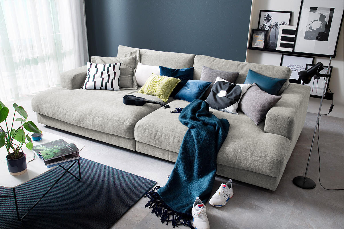 BIG SOFA MADELINE Silber Webstoff - Silberfarben/Schwarz, Kunststoff/Textil (290/85/170cm) - KAWOLA