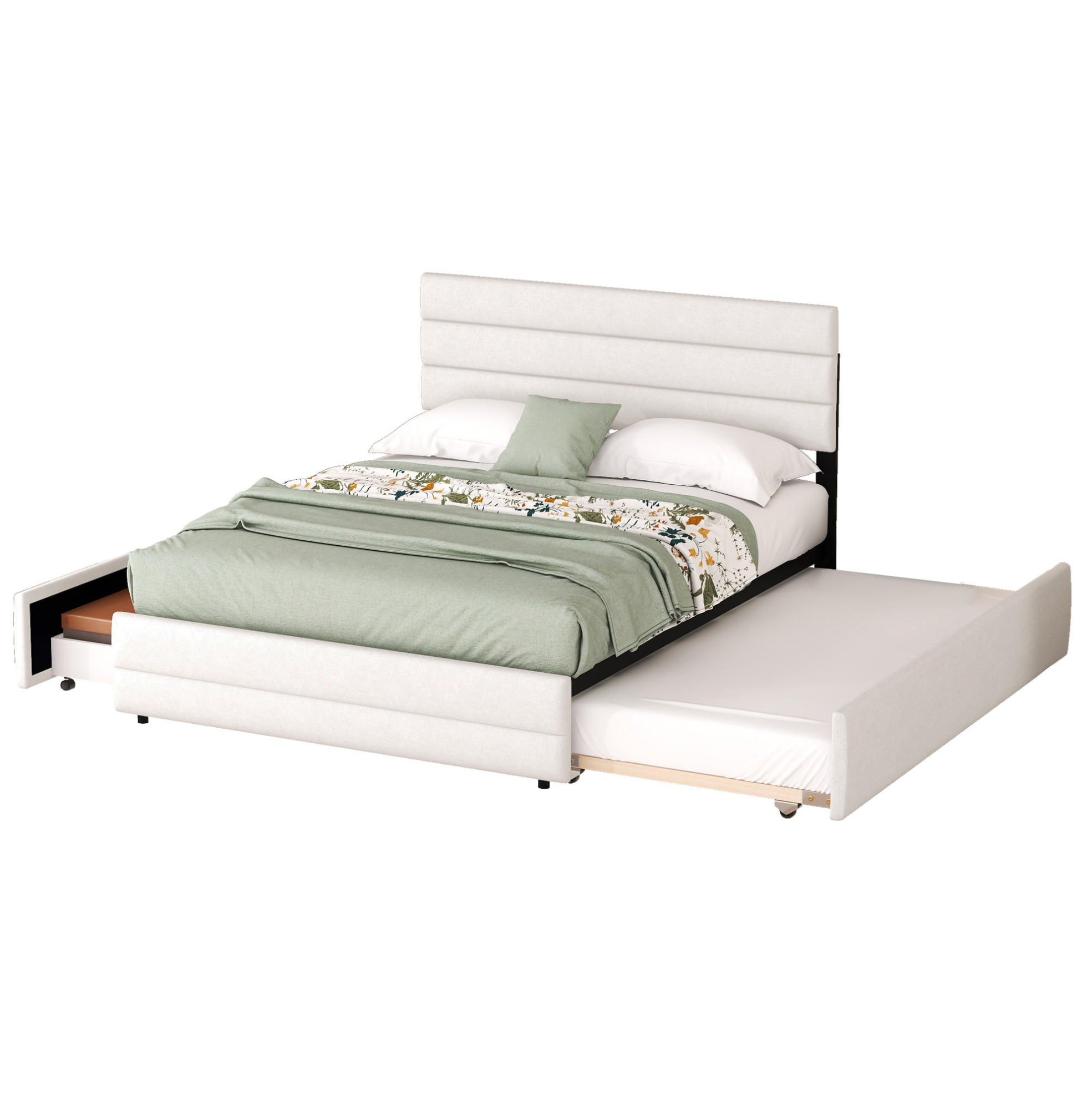 TAPECIRANI krevet 140/200 cm bež od lana s pomoćnim ležajem i 2 ladice - bež, tekstil (140/200cm) - OKWISH