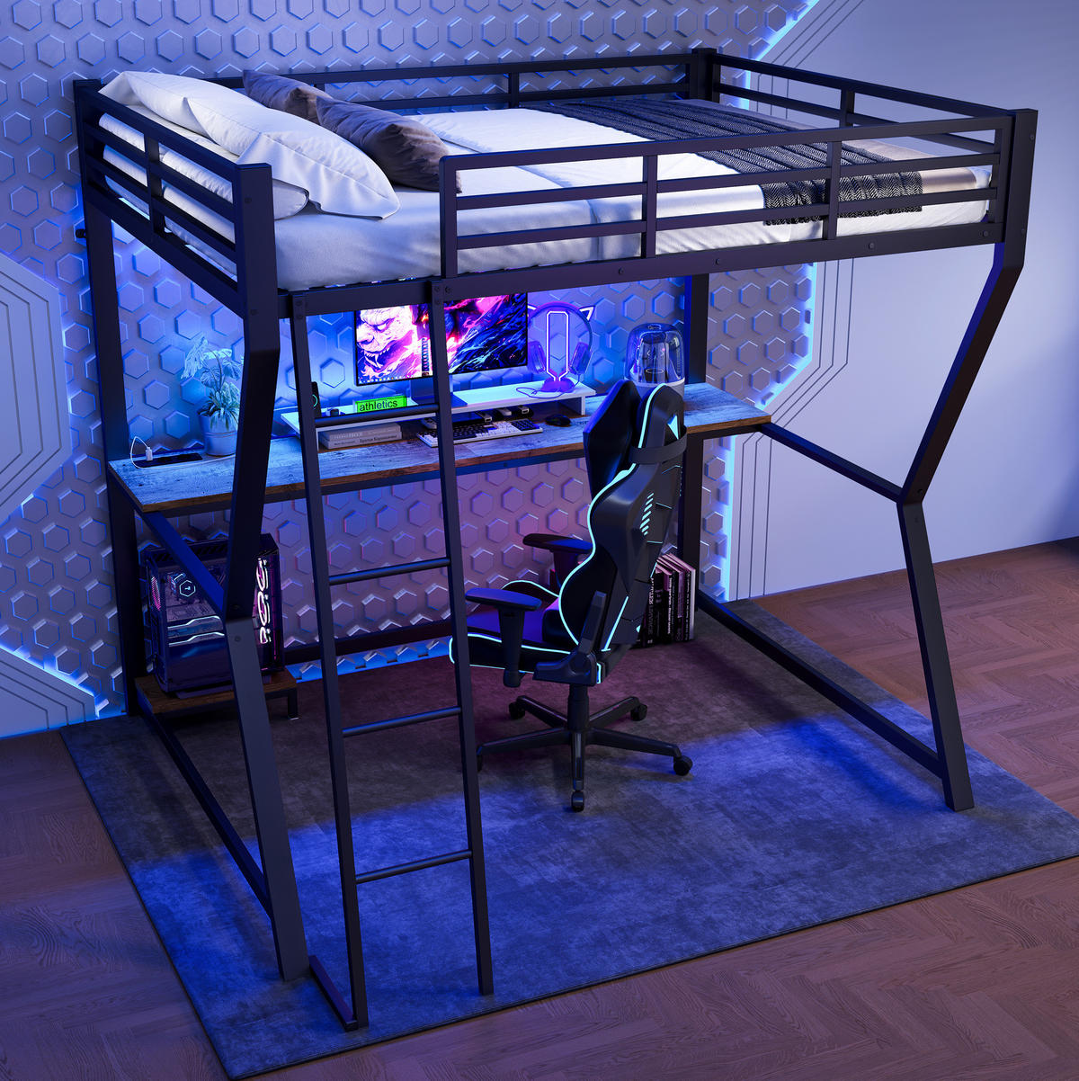 HOCHBETT 140/200 cm aus Metall und MDF mit LED-Beleuchtung, Schreibtisch, Steckdose, USB, Treppe und Geländer, Schwarz - Schwarz, Metall (140/200cm) - Redom