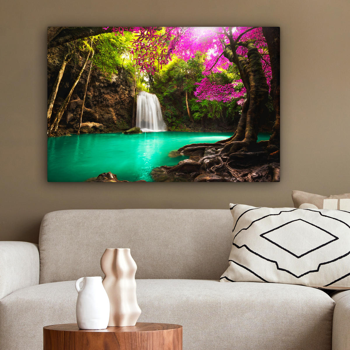 LEINWANDBILD Wasserfall mit bunten Blumen und Bäumen - Natur - Dschungel Wanddeko 90x60 cm - Waldgrün, Textil (90/60cm) - MuchoWow