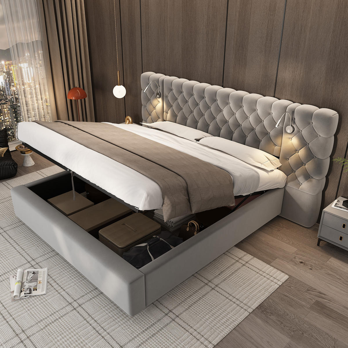 POLSTERBETT 180 x 200 cm in Samt mit LED-Beleuchtung - Grau, Holz/Textil (180/200cm) - KOMHTOM