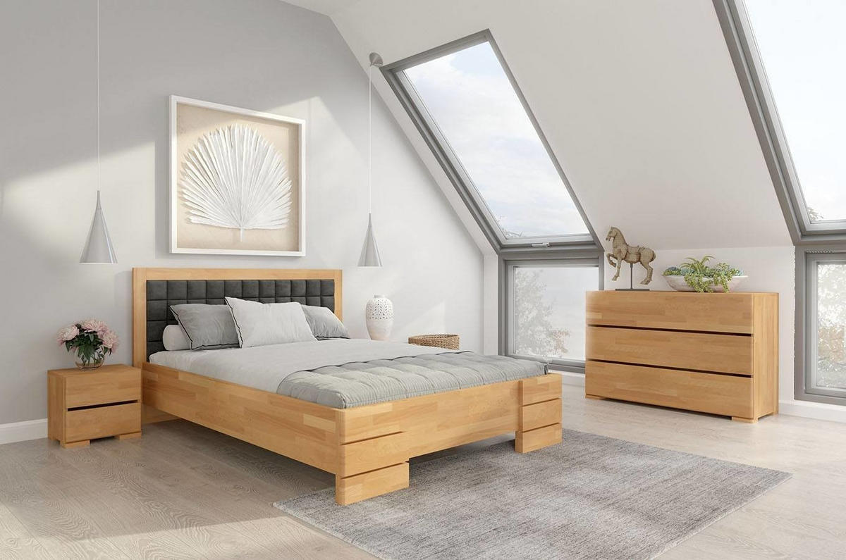 MASSIVHOLZBETT Gotland, gepolstertes Kopfteil, Buche - lackiert, Naturfarben-Grau, 140x200 - Buchefarben, Holz/Buchenholz (140/200cm) - Visby