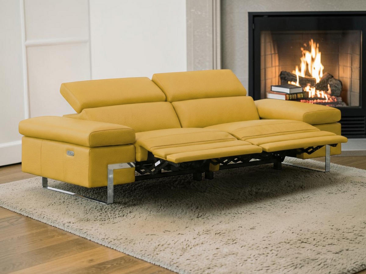 3-SITZER Sofa Opera Echtleder mit 2 x Relaxfunktion Senfgelb - Gelb, Leder/Metall (223/75/109cm)
