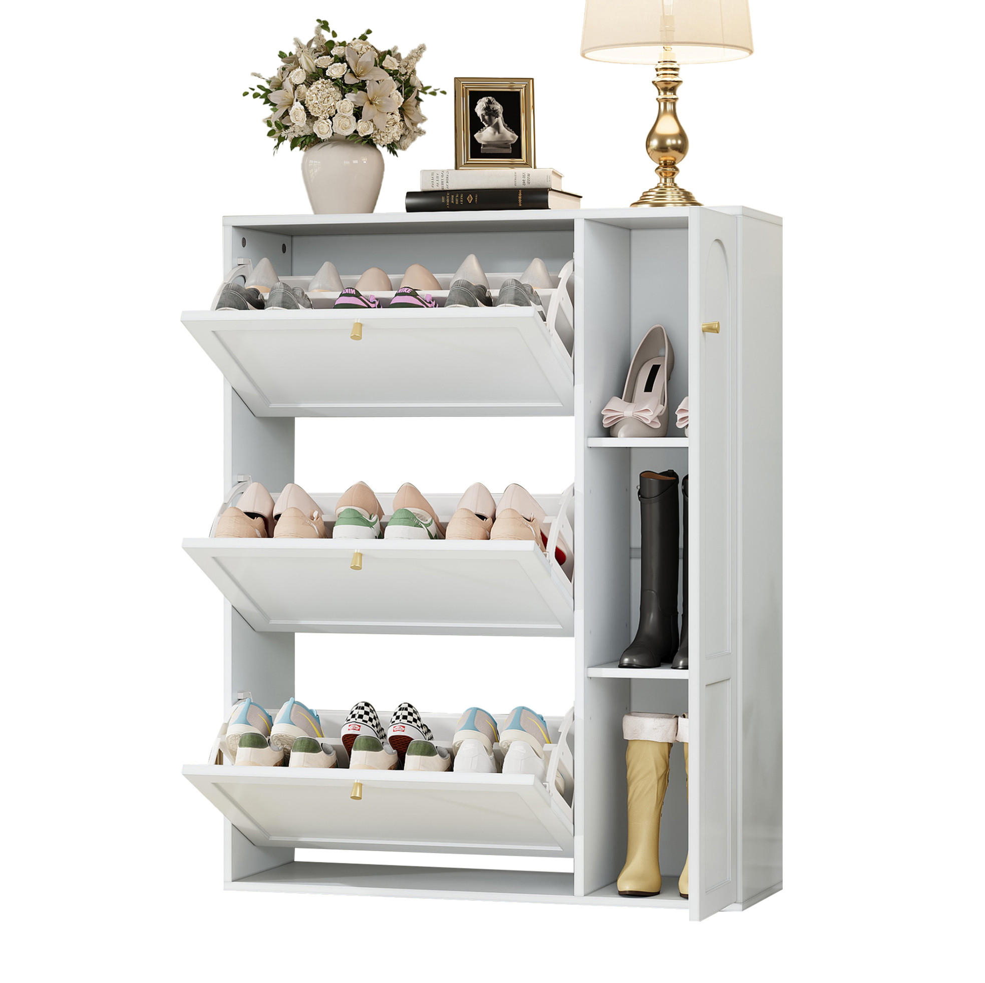 SCHUHSCHRANK 90/25/114 cm in Weiß mit 3 Klappen und 1 Tür - Weiß, Holzwerkstoff (90/114/25cm) - Flora Grace