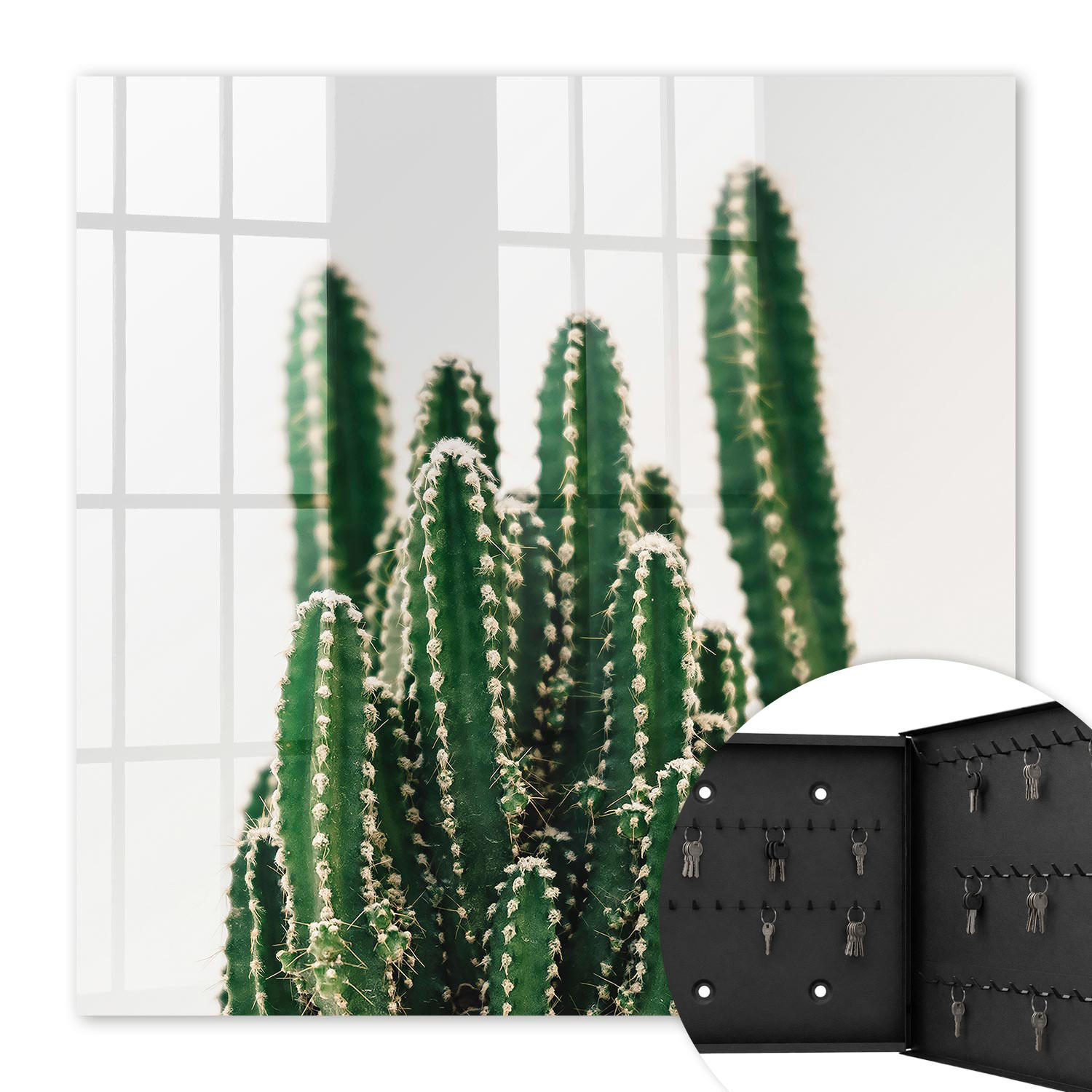 SCHLÜSSELBOX Schwarz 30x30 cm- Türöffnung nach rechts - Grüne Kakteen - Grün, Metall (30/30/5cm) - TULUP