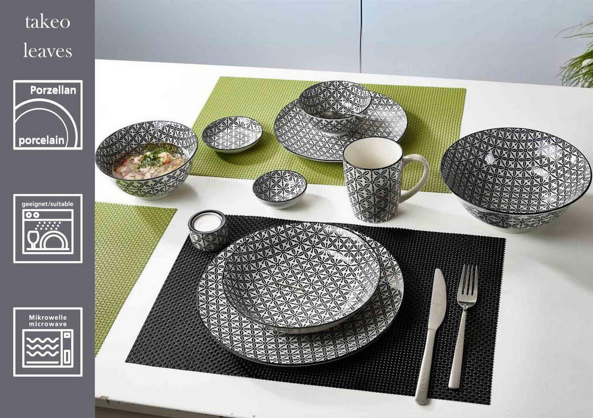 FRÜHSTÜCKSSET Takeo Leaves schwarz-weiß 12er Set - Schwarz/Weiß, Keramik (2/2/2cm) - Ritzenhoff Breker