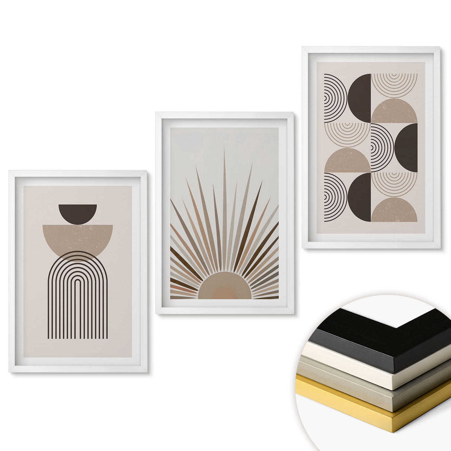 WANDBILDER 3er-Set - 40x60 cm Weißer Rahmen - Abstrakte Formen beige braun - Weiß, Kunststoff (40/60cm) - ArtPrintCave
