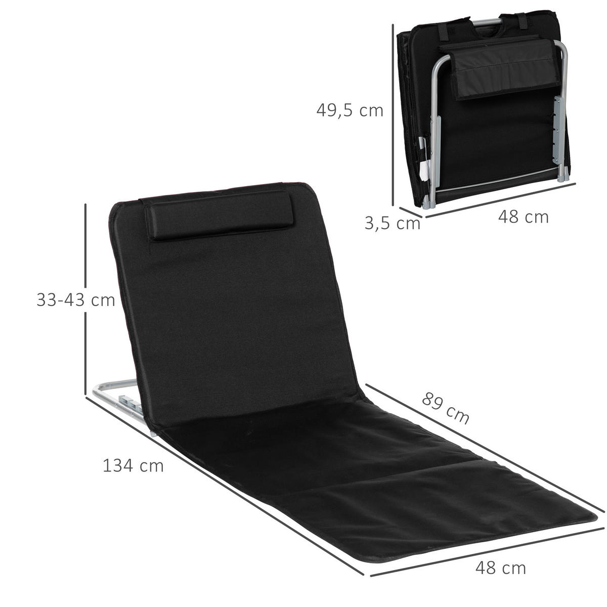 HÖHENVERSTELLBARE STRANDLIEGE, 134 x 48 x 33-43 cm, Stahl, Schwarz - Schwarz, Kunststoff (134/43/48cm) - Outsunny