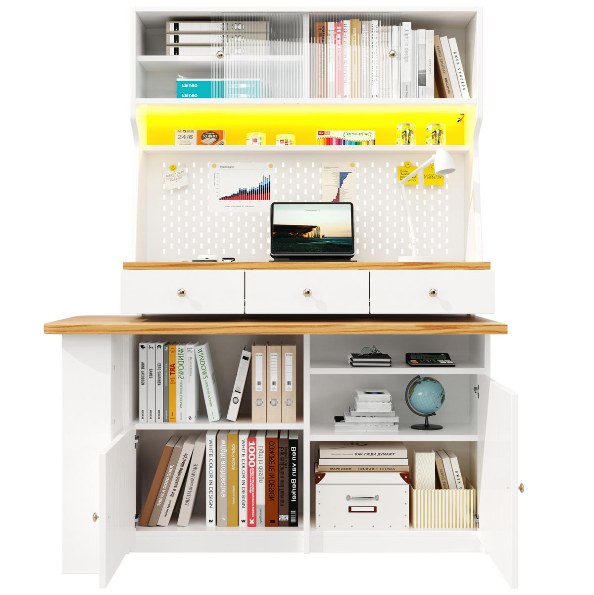 DONJI kuhinjski element, 137/45/178 cm, MDF bijeli, s izvlačnom plohom i LED rasvjetom - bijela, drvni materijal (137/178/45cm) - BEAOK