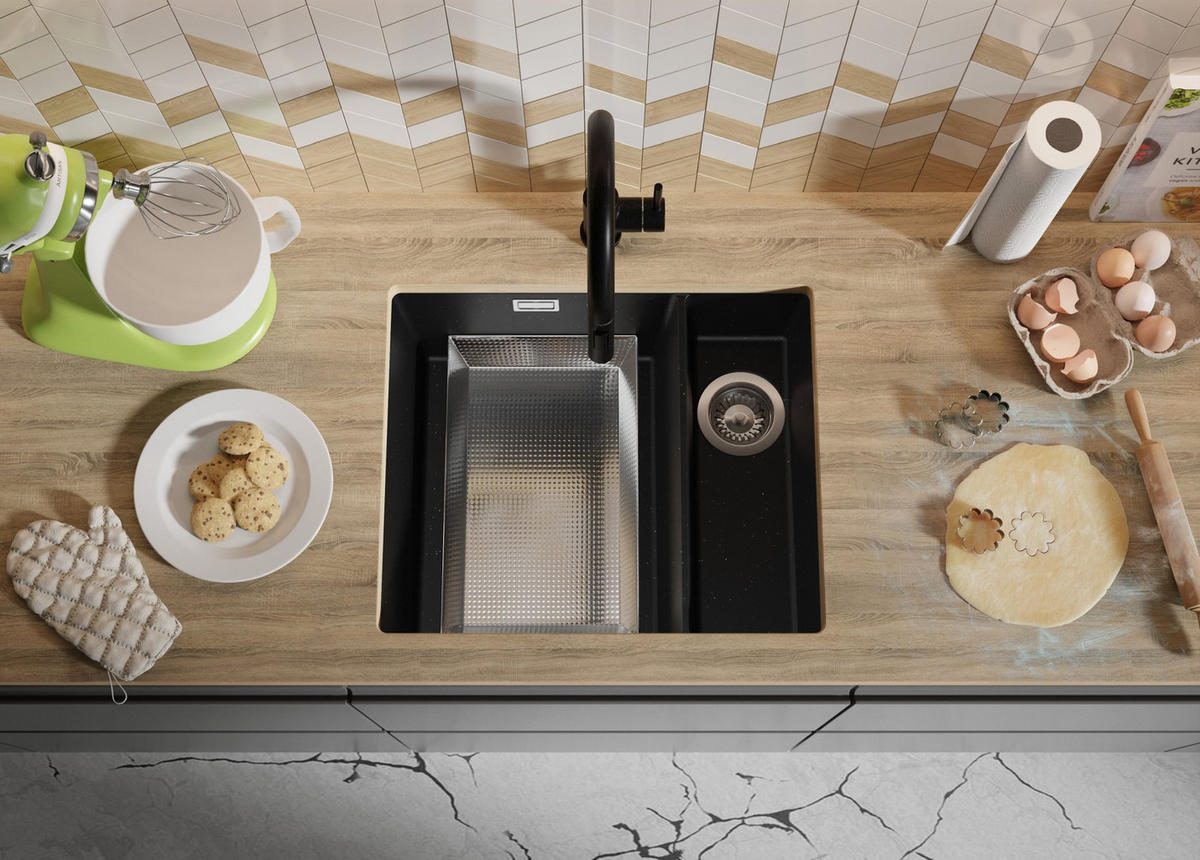 UNTERBAUSPÜLE GRANIT London Duo, 2-er set Schwarz Metallic 56/47 cm 1,5 Becken + Ablauf-Set ab 60er Unterschrank - Chromfarben/Schwarz Hochglanz, Kunststoff (56/20/47cm) - Primagran