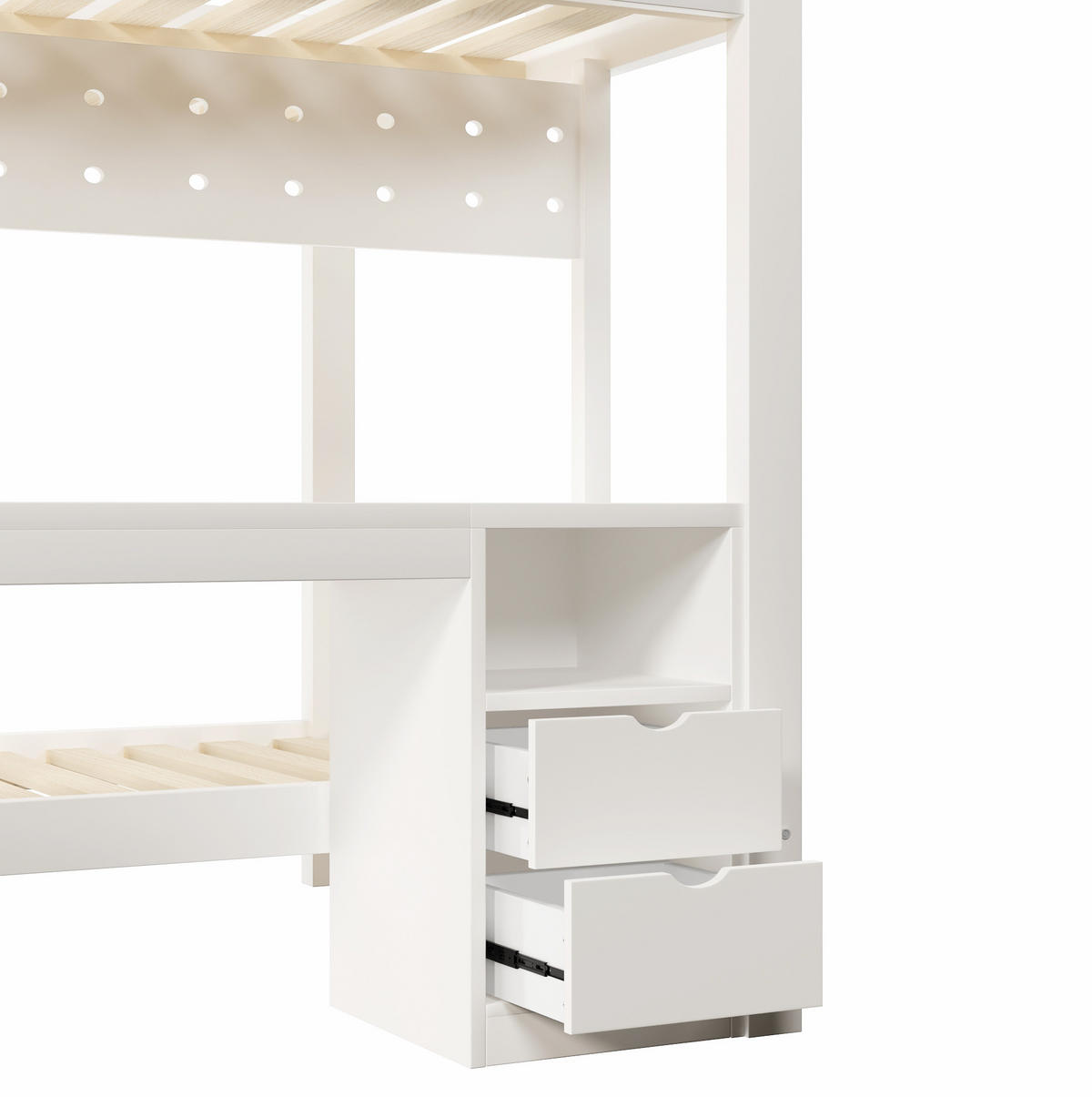 HOCHBETT 90/140/200 cm mit Schubladen, Schreibtisch und LED-Lichtleiste, Weiß/Natur - Weiß, Holz (90/200cm) - Redom
