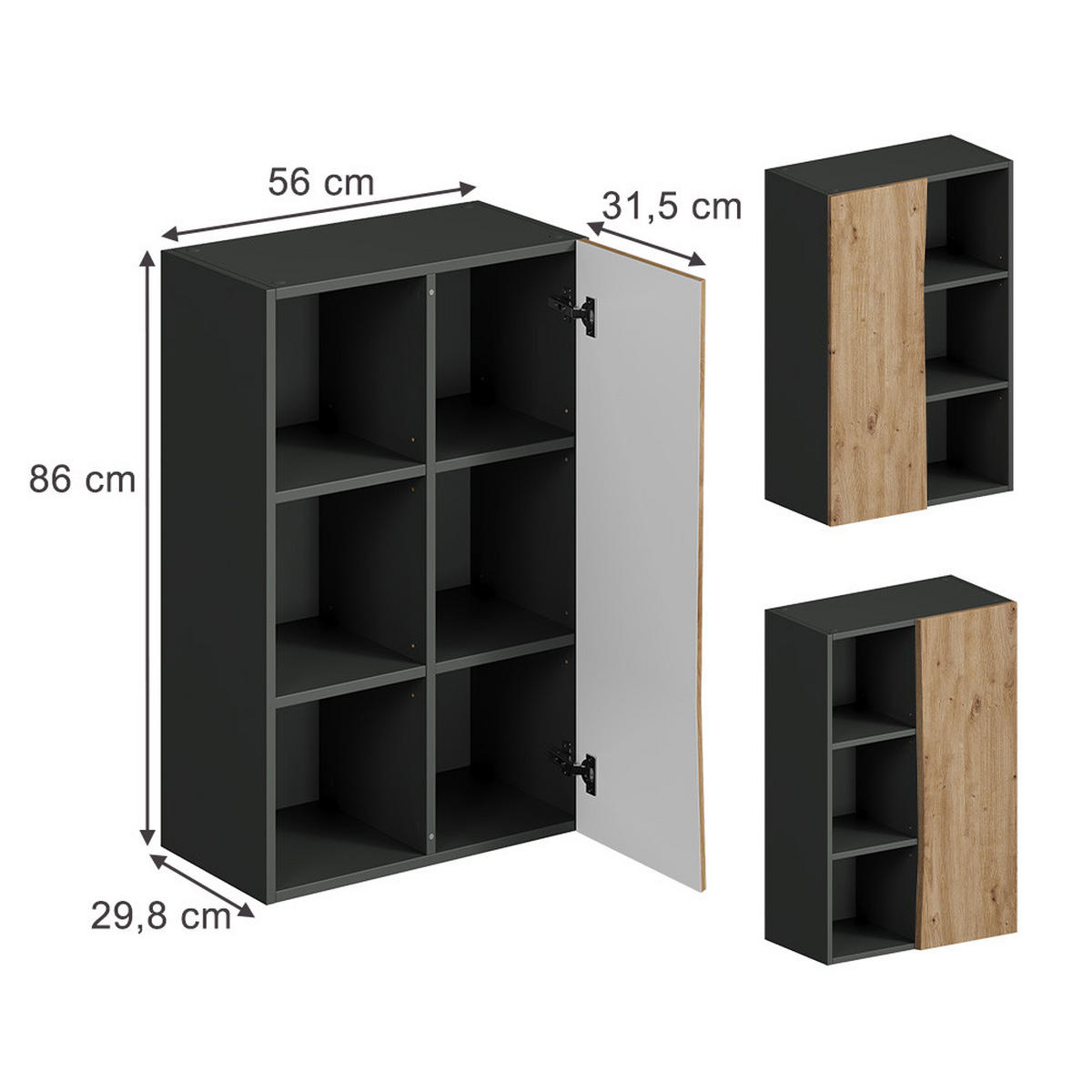 MIDISCHRANK Willow Artisan 56 x 86 cm mit 3 offenen Fächern - Anthrazit/Hellgrau, Holzwerkstoff (56/86/29.8cm) - Vicco