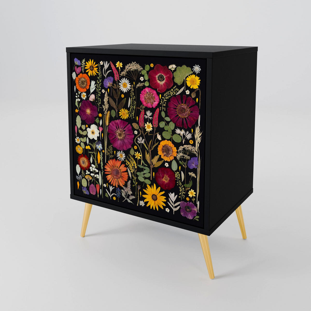SIDEBOARD MIDNIGHT GARDEN, Schwarz, 57,5x42x67,5 cm, Schwarze Metall-Rahmenfüße - Multicolor/Schwarz, Holzwerkstoff/Metall (57.5/67.5/42cm) - SpaceRebels