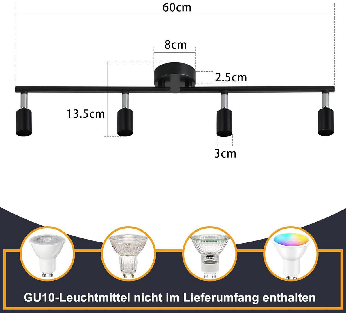 DECKENSTRAHLER Stralwin 8/13/59.5 cm - Schwarz, Metall (59.5/8/13cm) - ZMH