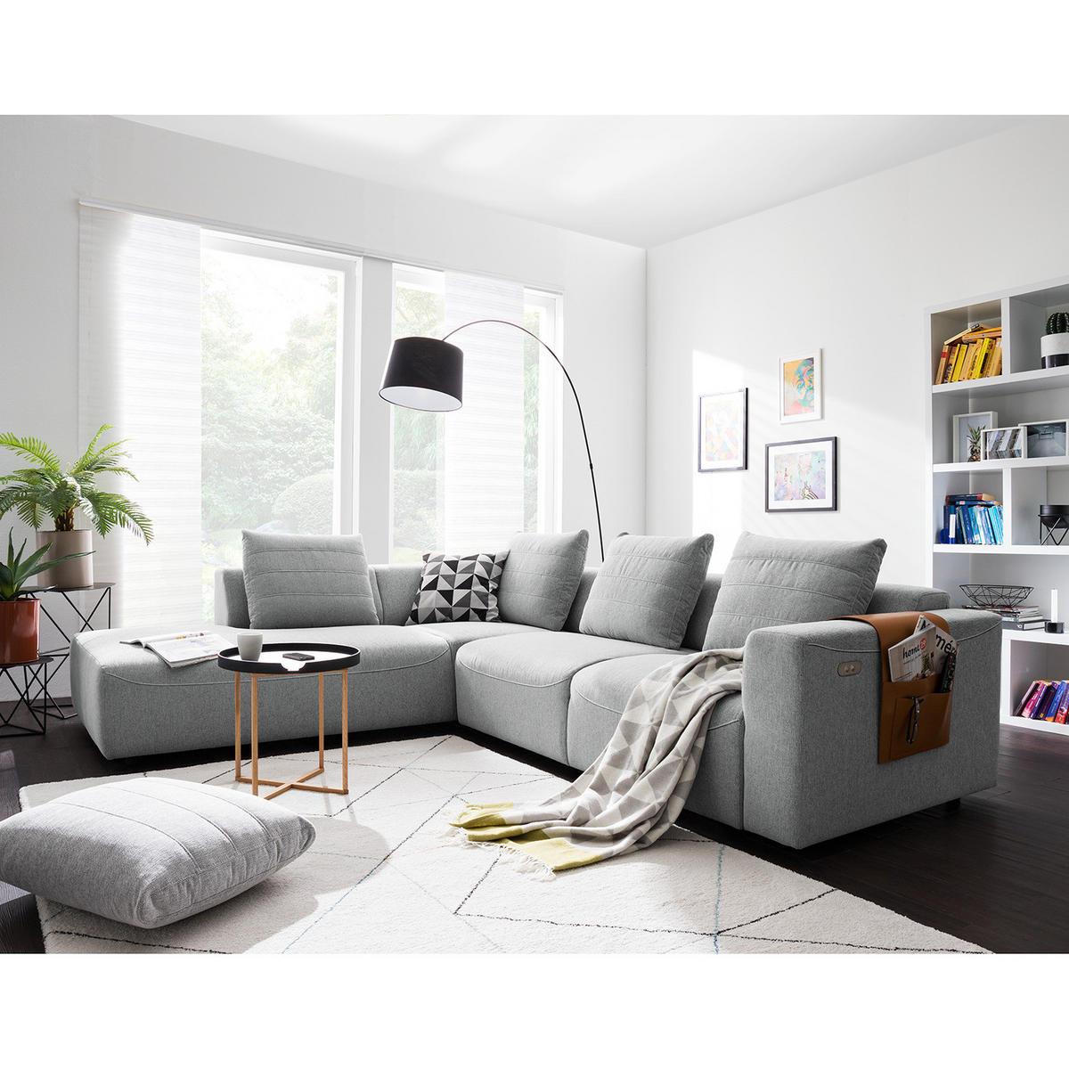 ECKSOFA mit Ottomane - Webstoff - Hellgrau/Schwarz, Kunststoff/Textil (283/237cm) - home24