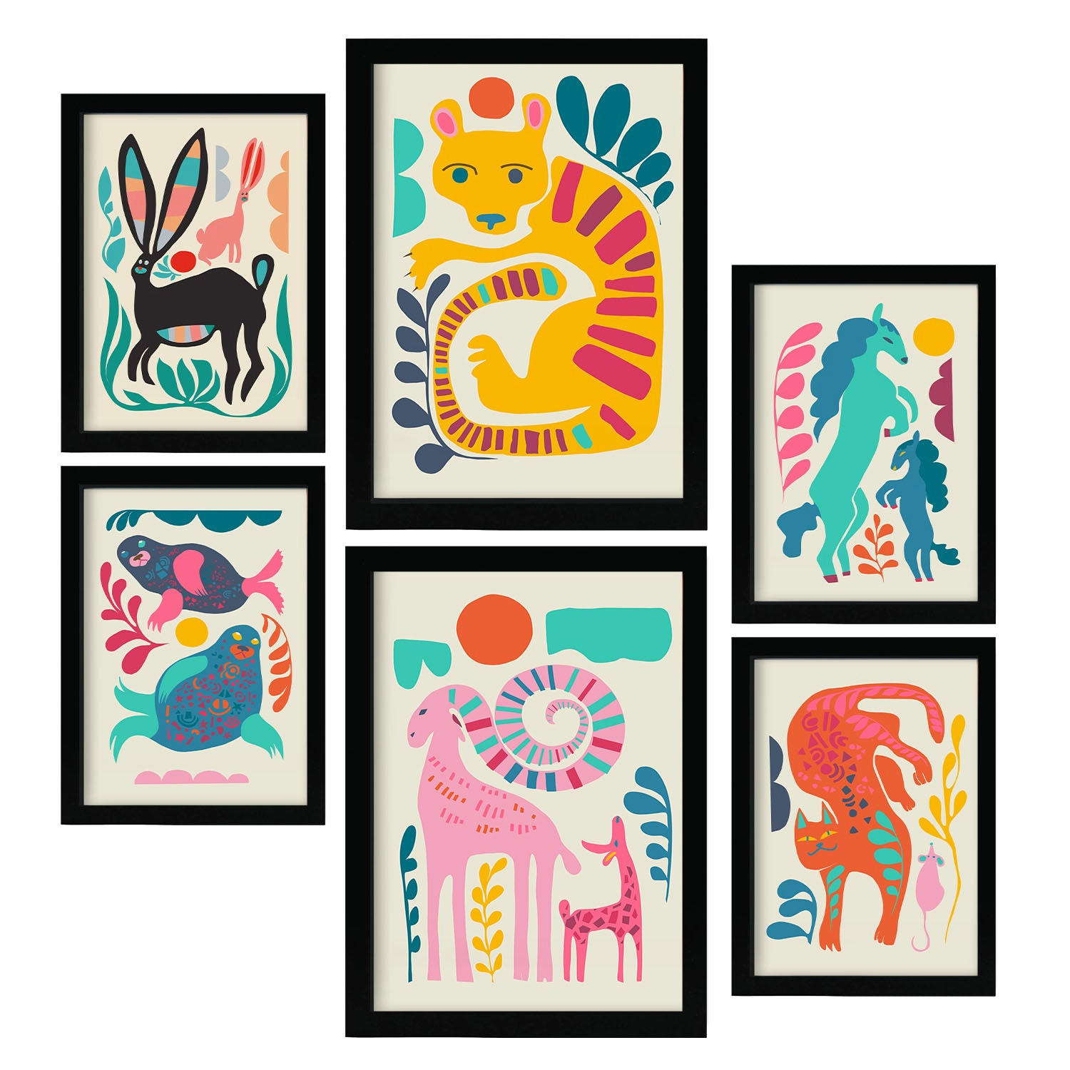 POSTER Set Mit 6 Linienrasse 2 In Tiere Zusammenfassungen A3 & A4 Schwarzer Rahmen - Schwarz, Papier (29/3cm) - Nacnic