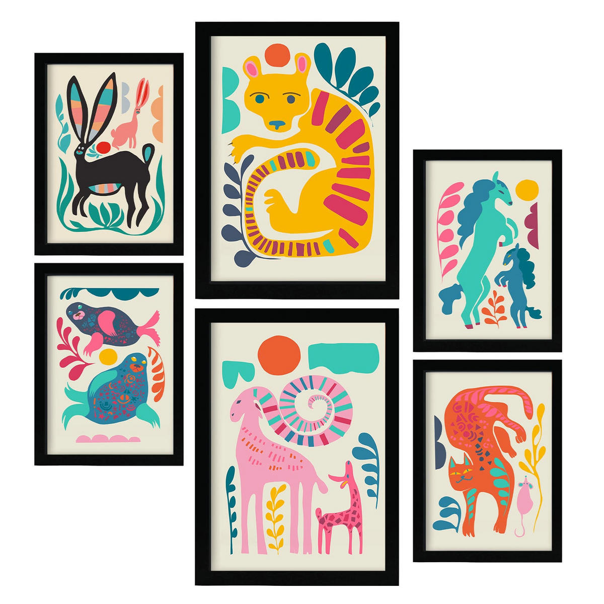 POSTER Set Mit 6 Linienrasse 2 In Tiere Zusammenfassungen A3 & A4 Schwarzer Rahmen - Schwarz, Papier (29/3cm) - Nacnic