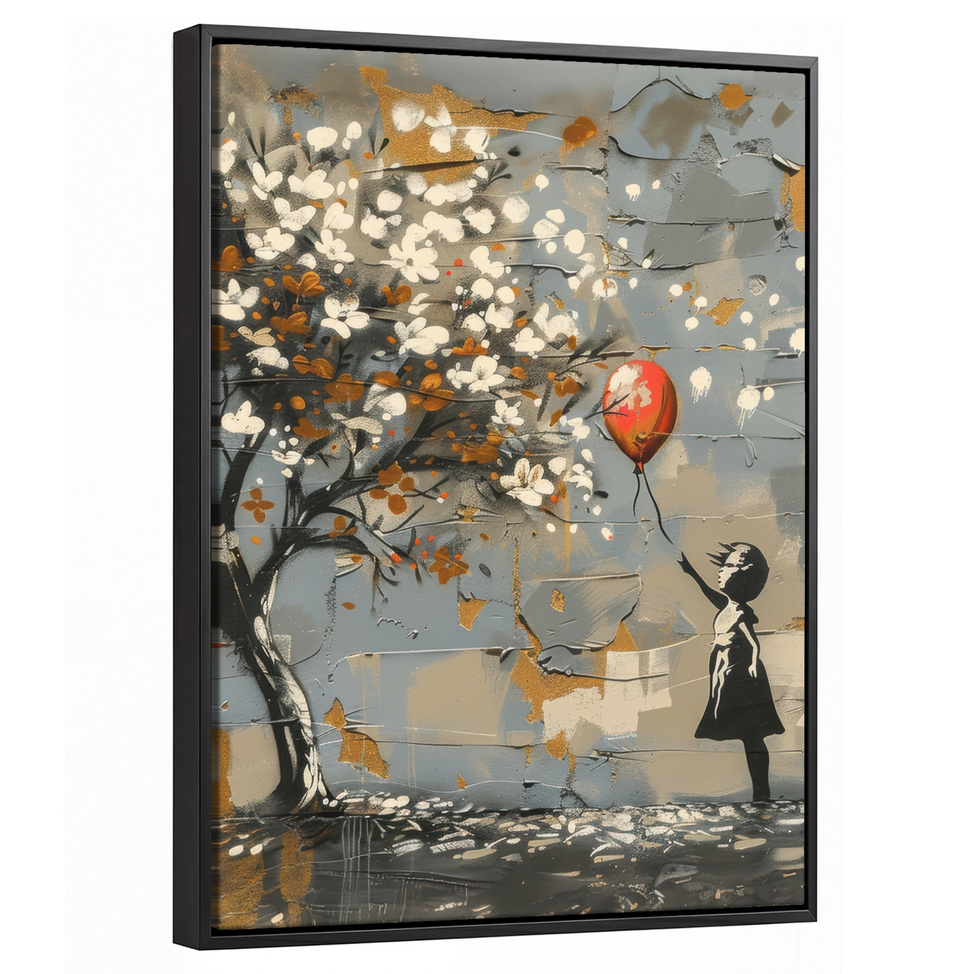 LEINWAND Bilder mit Rahmen - Baum - Graffiti - Banksy-Stil - Ballon-Mädchen - 30x40 - Blaugrau, Textil (30/40cm) - MuchoWow