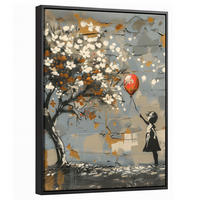 LEINWAND Bilder mit Rahmen - Baum - Graffiti - Banksy-Stil - Ballon-Mädchen - 30x40 - Blaugrau, Textil (30/40cm) - MuchoWow