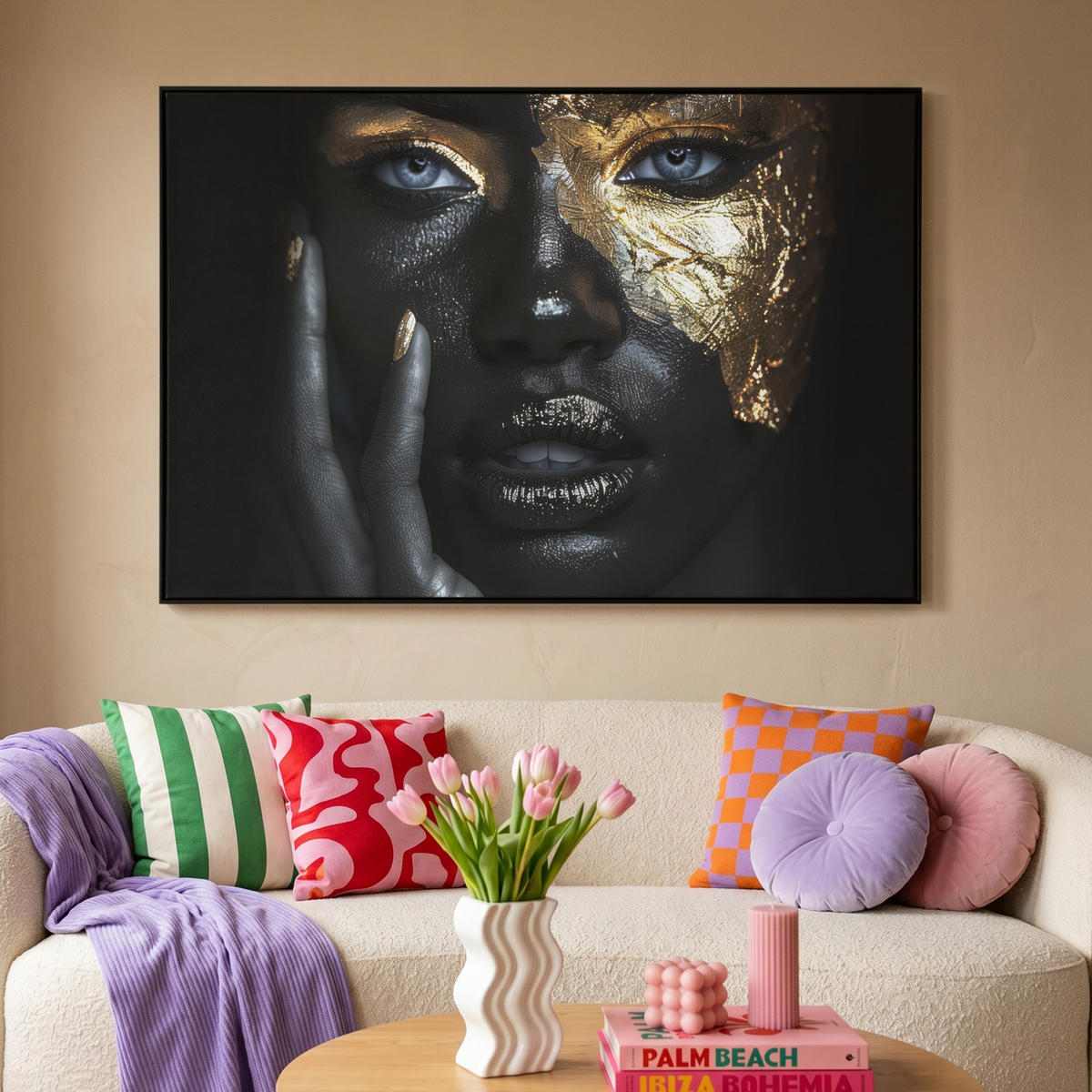 LEINWAND Bilder mit Rahmen - Frau - Gold - Porträt - Schwarz-Weiß - Luxus - 140x90 - Hellblau, Textil (140/90cm) - MuchoWow