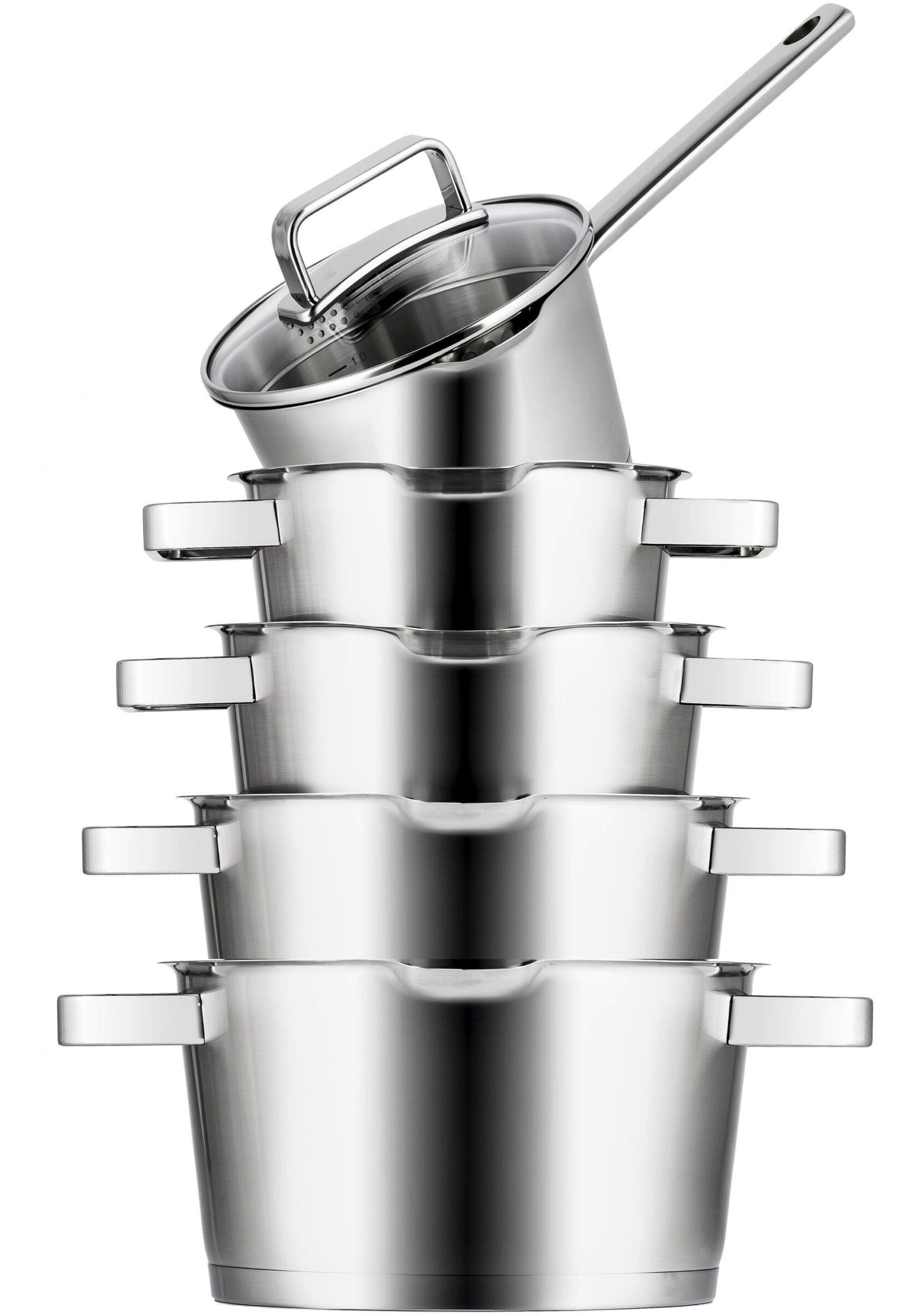 TÖPFE UND PFANNENSET Topfset Diamond - Edelstahl - Kochtopf ø 16, 18, 20, 24 cm & Stielkasserolle ø 16 cm - Induktionsgeeignet - 5-teilig - Silberfarben, Metall - Sola