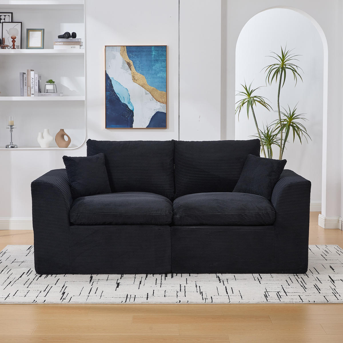 2-SITZER SOFA Cord Schwarz mit Kissen - Schwarz, Textil (204/84/102.5cm) - WISHDOR