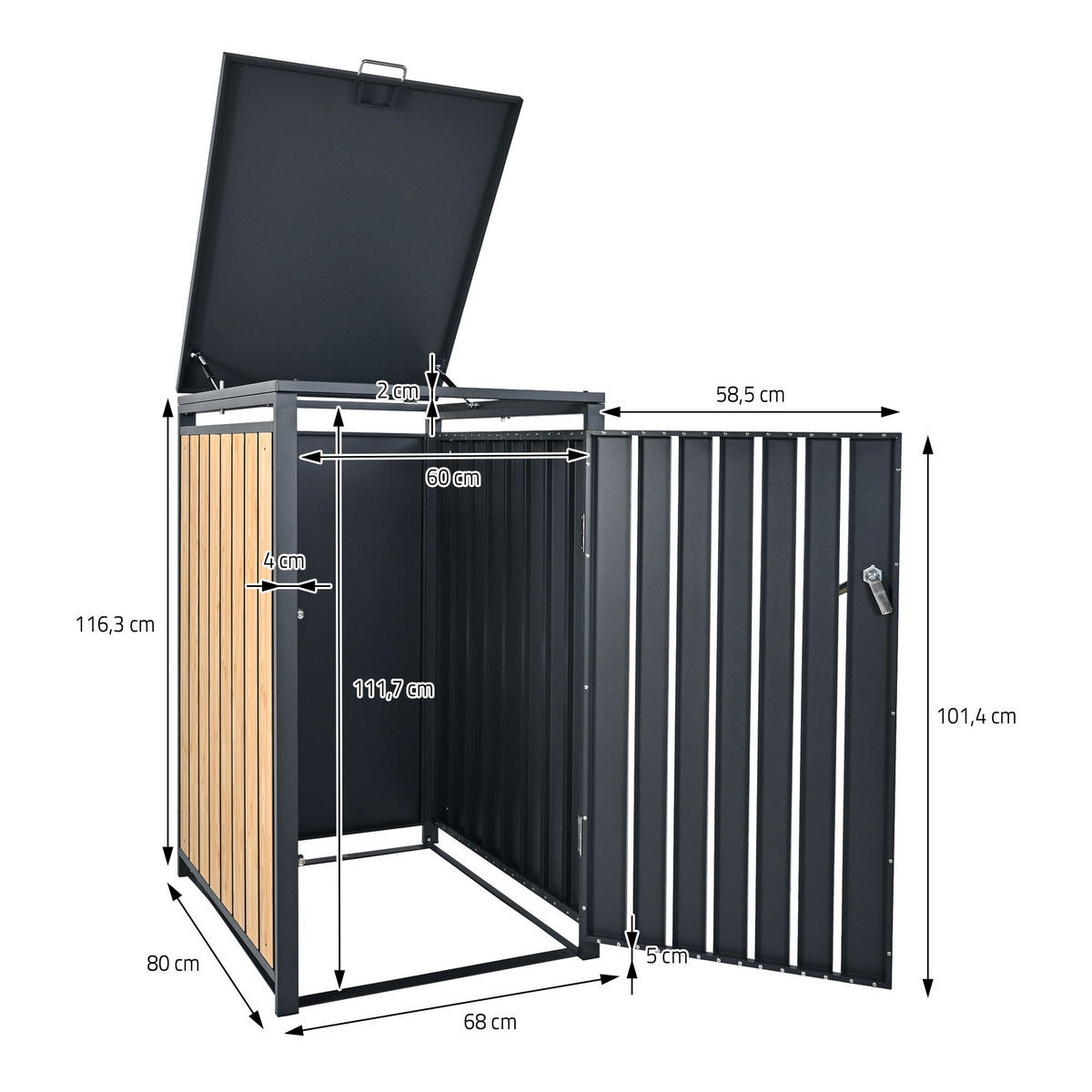 MÜLLTONNENBOX 3er Anthrazit-Lärchenoptik - Naturfarben, Metall (80/116.3/200cm) - ML-DESIGN