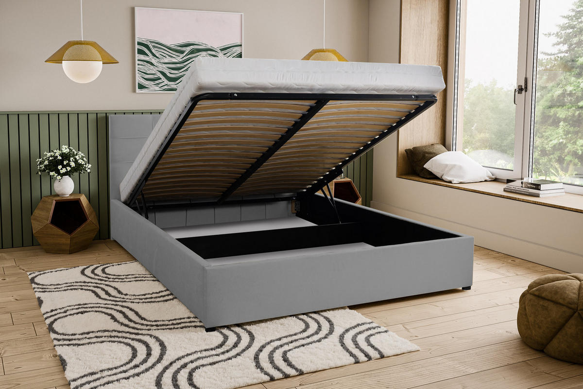 POLSTERBETT JESSA mit Kopfteil, 160 x200 cm, Doppelbett mit Bettkasten und Lattenrost aus Velourstoff, Velourstoff, Frabe: Grau - Grau, Holz/Kunststoff (160/200cm) - VENASI MÖBEL