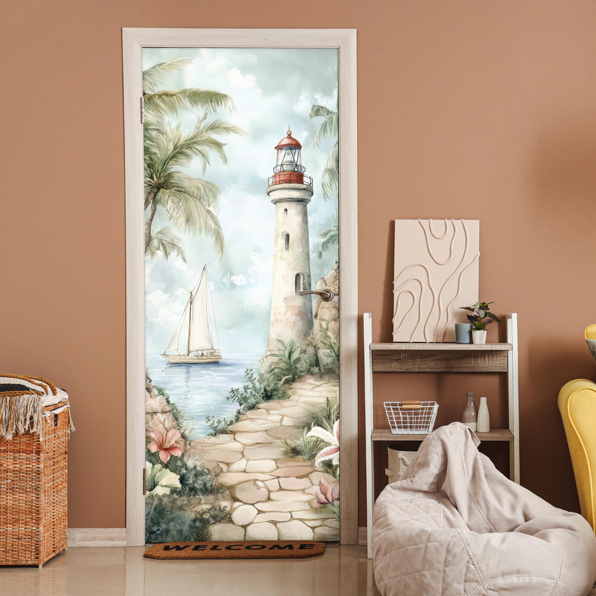 TÜRAUFKLEBER Leuchtturm - Natur - Landschaft - Boot 80x215 cm - Türtapete - Eichefarben, Kunststoff (80/0.1cm) - MuchoWow