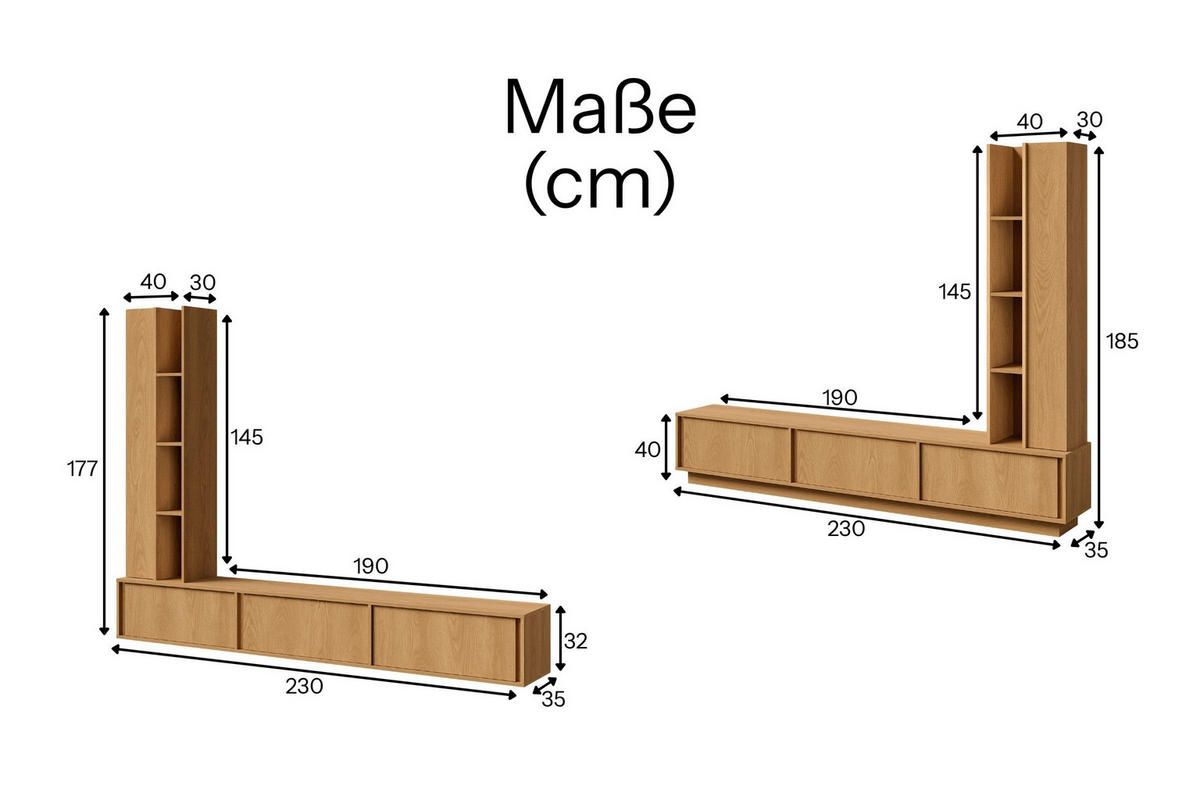 WOHNWAND VELORA 230/185/35 cm in Eiche Carmel - Eichefarben, Holzwerkstoff (230/185/35cm) - Deine Möbel 24
