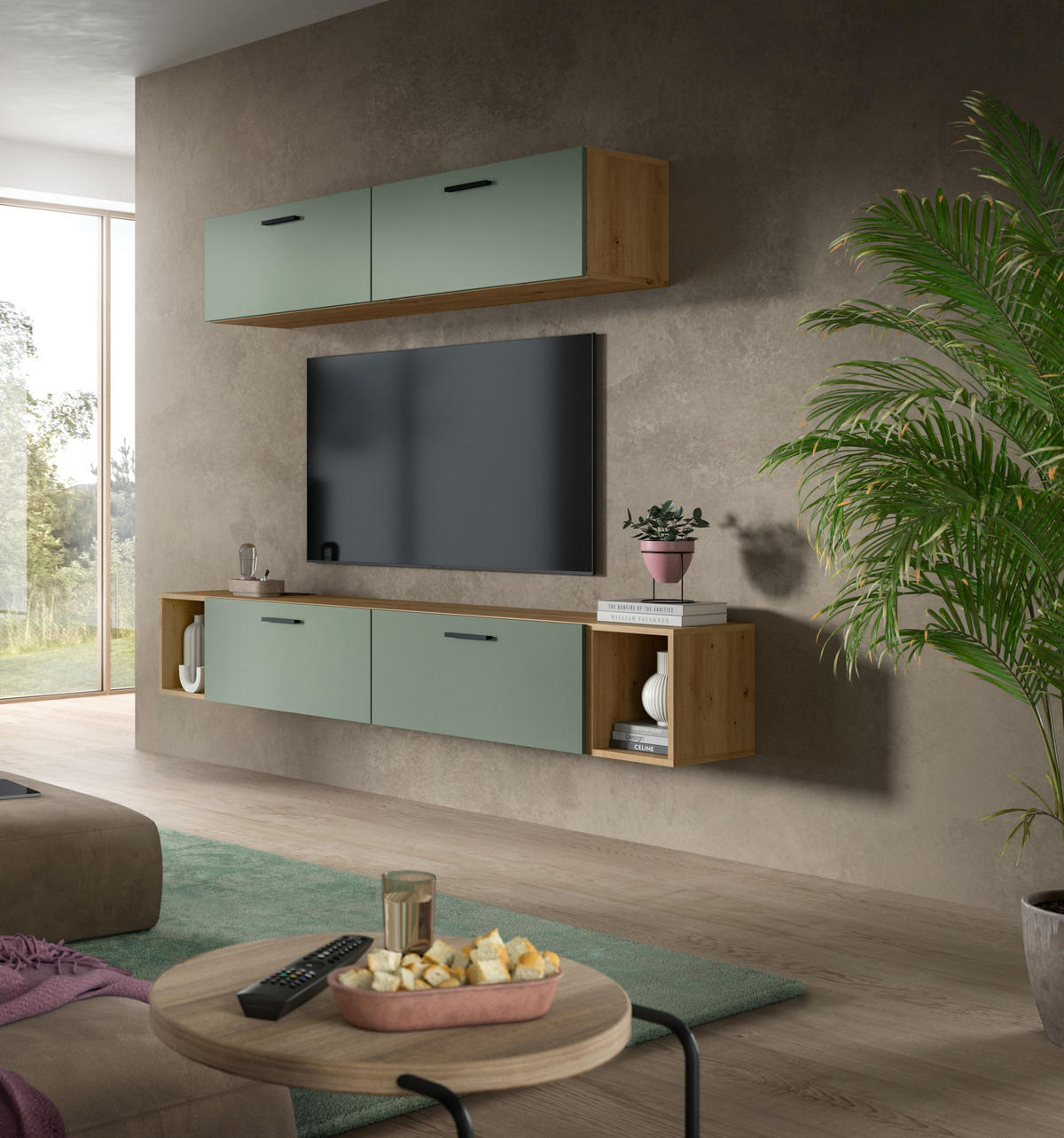 WOHNWAND The One Smoke Green 202/34/184 cm - Braun, Holzwerkstoff (202/184/34cm) - Xonox