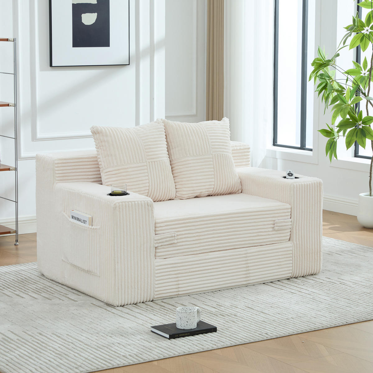 SCHLAFSOFA 2-in-1 mit Hocker, 2 Kissen und Becherhalter, DE-42913, Beige - Beige, Textil (133/64/87cm) - ComfortXL