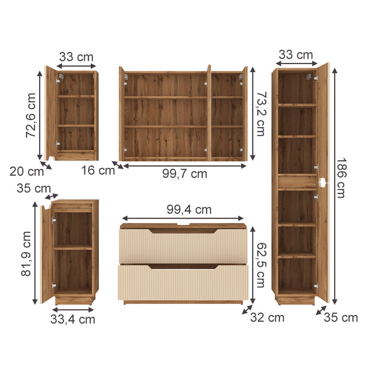 BADMÖBEL-SET Lotta Eiche/Kaschmir gestreift 5 Teile - Kaschmir, Holzwerkstoff (99.4/62.5/32cm) - Vicco