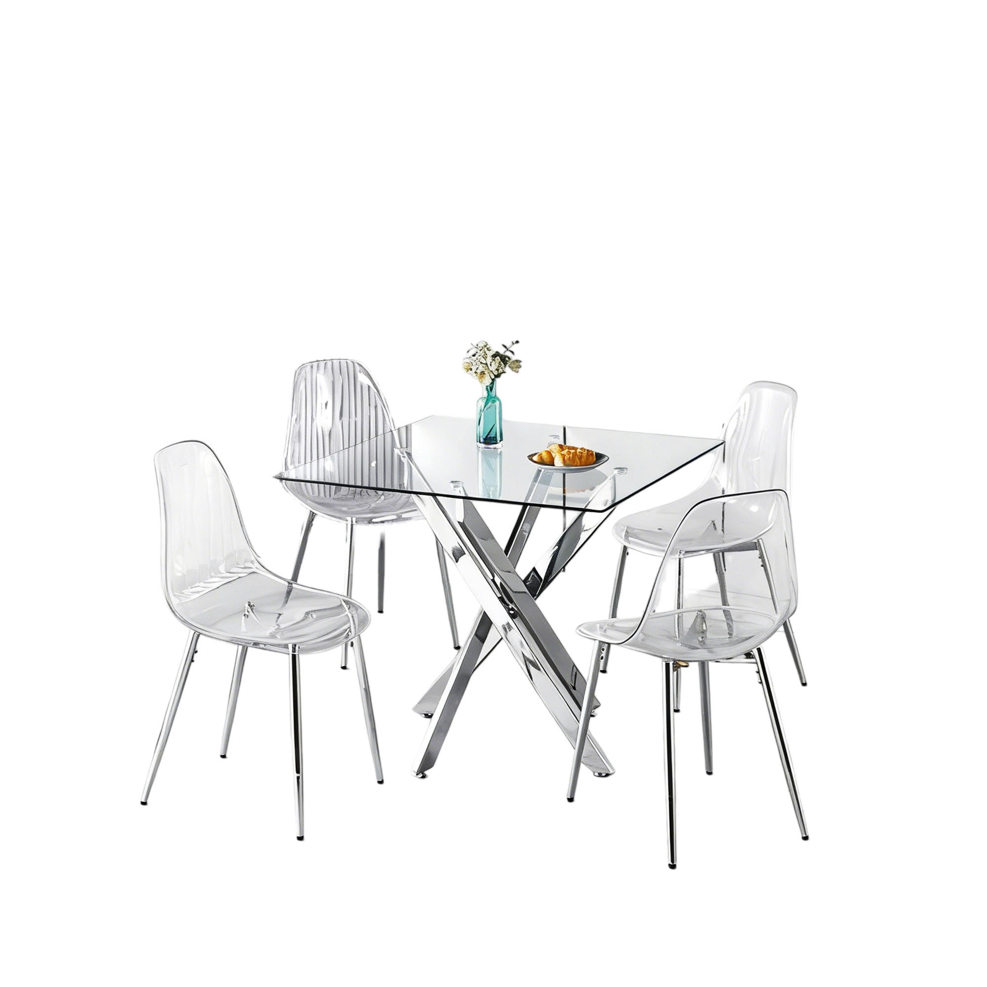ESSGRUPPE DE-39338 5-teilig, mit 4 Samtstühlen Silber - Silberfarben, Metall (80/75/80cm) - ComfortXL