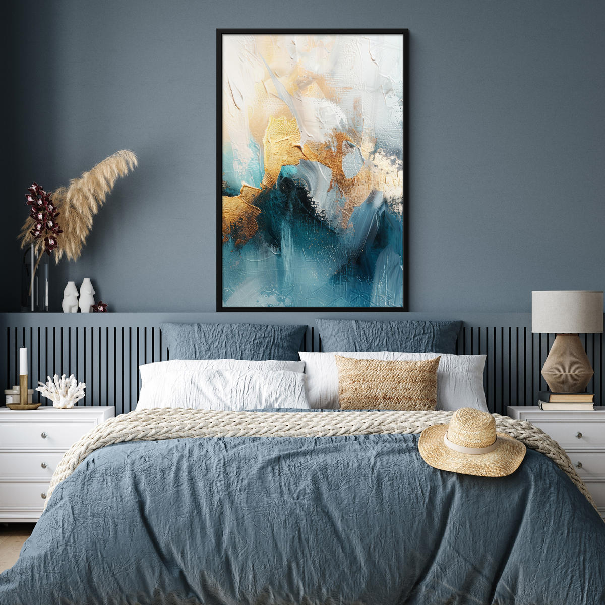 GERAHMTES BILD Abstrakt - Kunst - Gold - Blau 80x120 cm - Petrol, Papier (80/120cm) - MuchoWow
