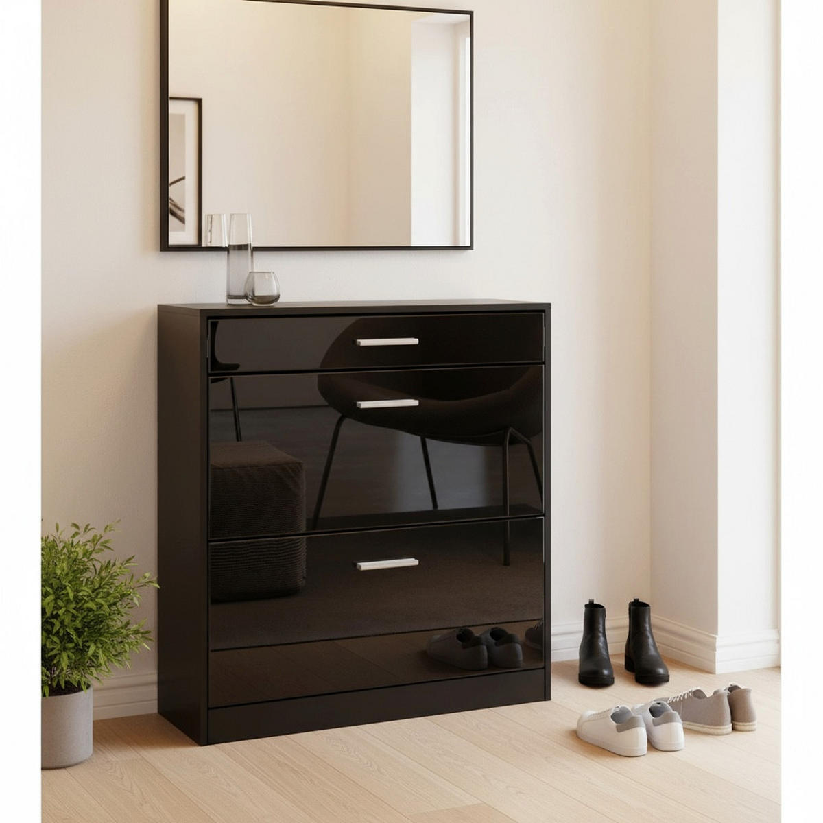 SCHUHSCHRANK Roma Schmal mit 2 Klappen und 1 Schublade, Platzsparender Schuhkipper, Schwarz/Schwarz Hochglanz (89 x 95,5 x 23 cm) - Schwarz Hochglanz, Holzwerkstoff (89/95.5/23cm) - InnoFurn