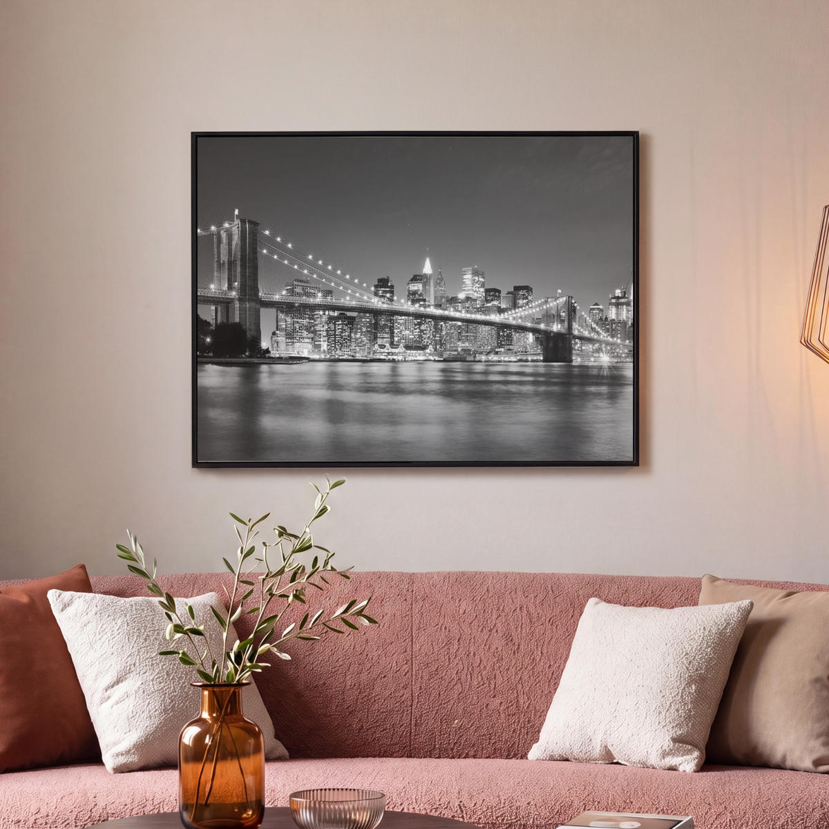 LEINWAND Bilder mit Rahmen - New York - Brücke - Brooklyn - Schwarz und weiß - Architektur - 80x60 - Schwarz, Textil (80/60cm) - MuchoWow